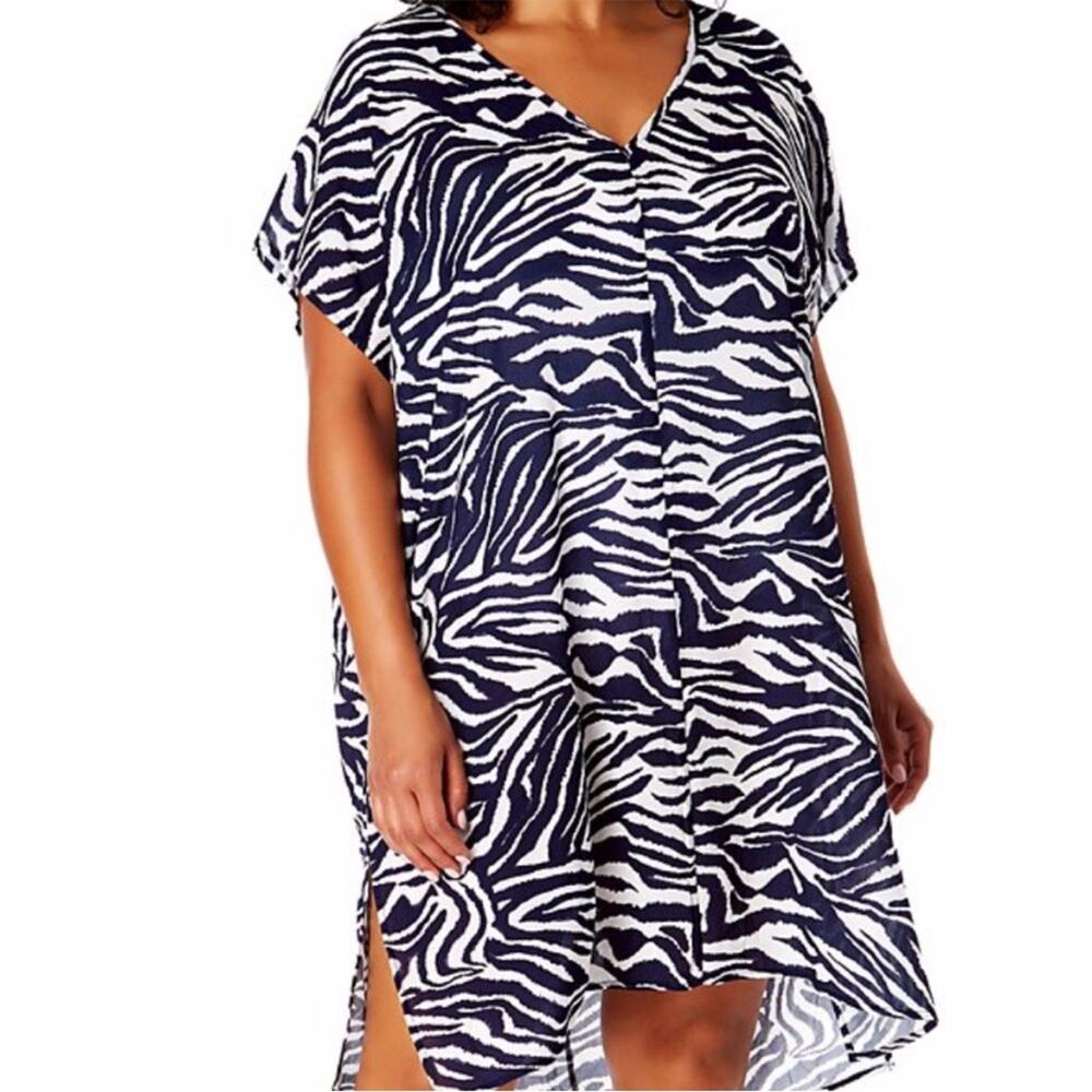 Anne Cole Zebra Print Swim Cover Up Dress navy blue white - L/XL